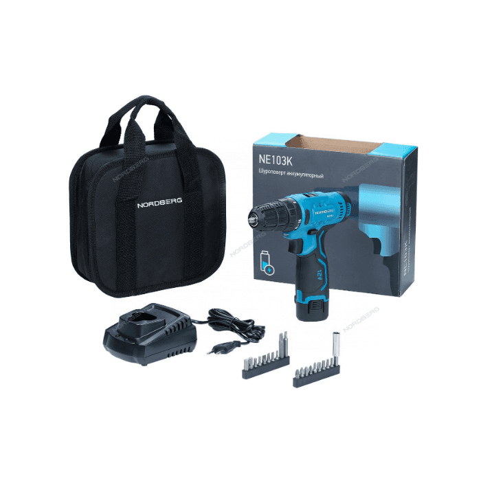 Шуруповерт аккумуляторный макс.диам. сверла 10 мм, 12 В, 30 Нм с 1 аккумулятором и зарядным уст-вом NORDBERG NE103K