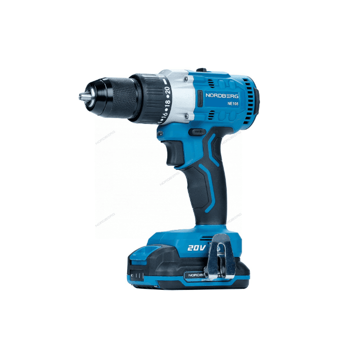 Шуруповерт аккумуляторный макс.диам. сверла 13 мм, 20 В, 80 Нм с 2 аккумуляторами и зарядным уст-вом NORDBERG NE108K