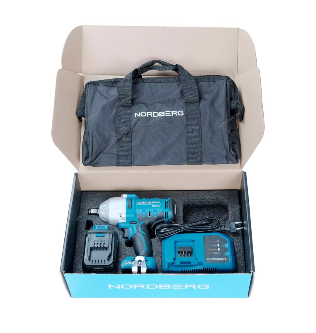 Гайковерт аккумуляторный, 1/2", 20 В, 1000 Нм, с аккумулятором 6А и зарядным устройством NORDBERG NE810K
