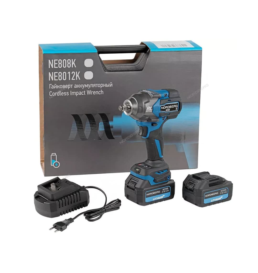 Гайковерт аккумуляторный, 1/2", 21 В, 1000 Нм, 2 аккумулятора 4A и зарядное устройство, в кейсе NORDBERG NE808K