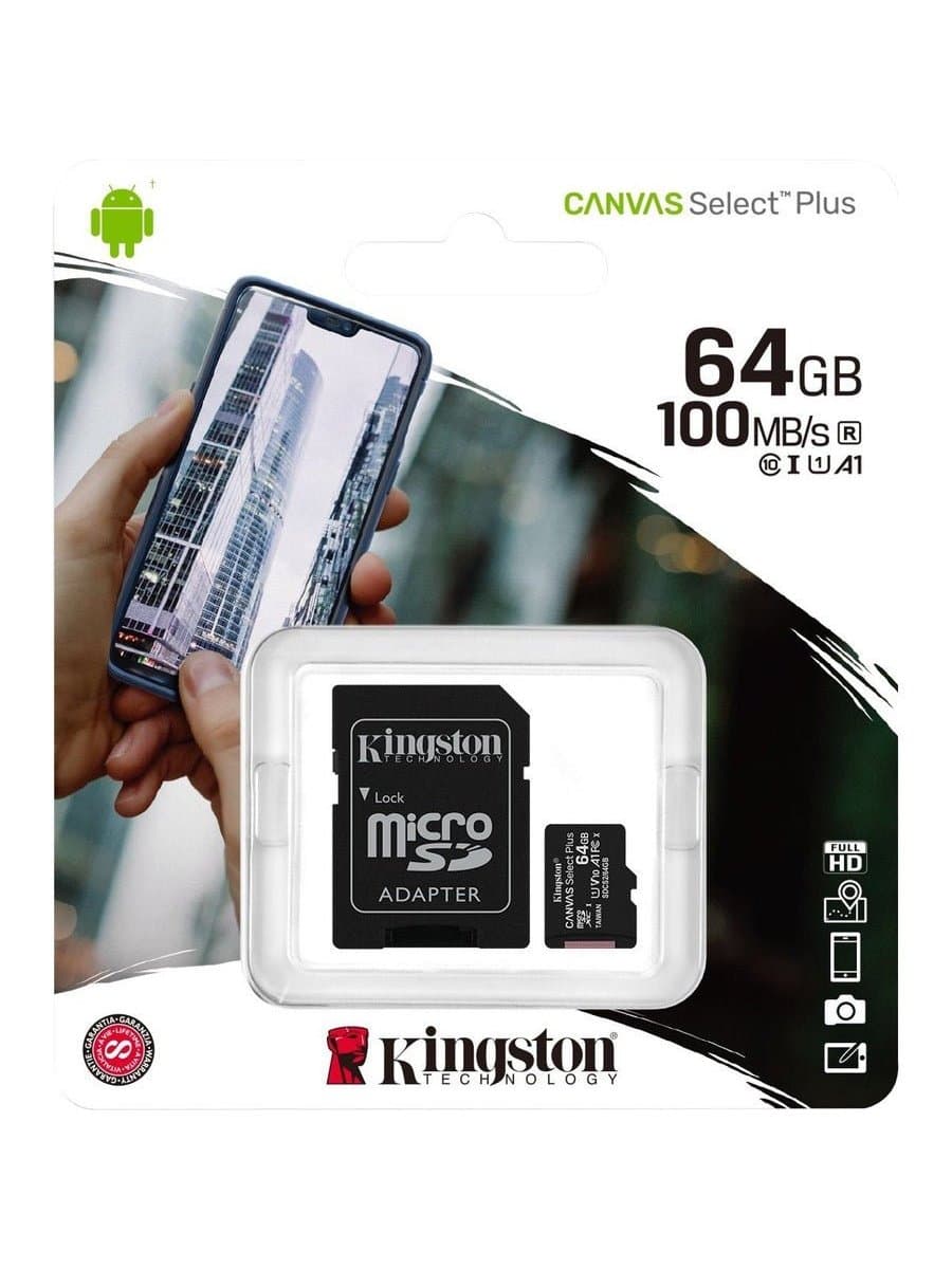 Карта памяти Micro SD (Trans Flash) 64GB HC10 KINGSTON Canvas Select Plus 100R A1 C10