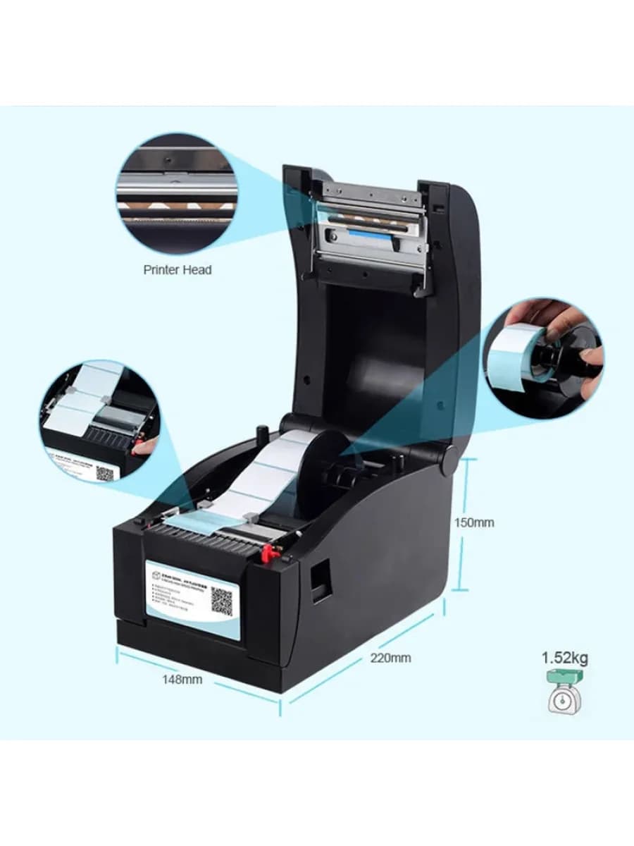 Термопринтер штрих-кодов и чеков Xprinter XP-350B 3inch direct thermal barcode&Receipt printer USB+SERIAL,Black,152mm/s,EU plug