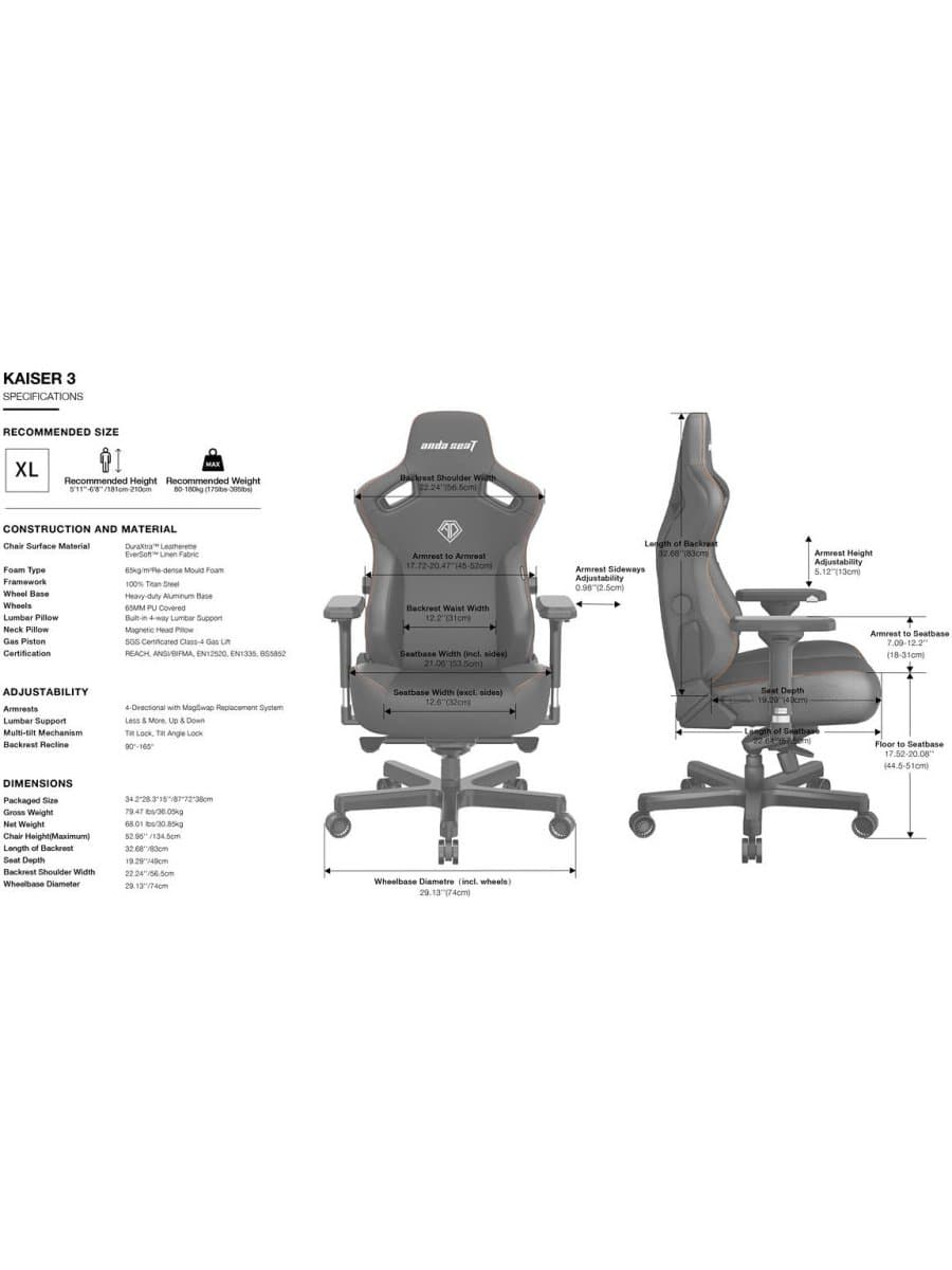 Игровое кресло AndaSeat AD12YDC-XL-01-B-CF Kaiser 3 XL BLACK 4D Armrest 65mm wheels Fabric