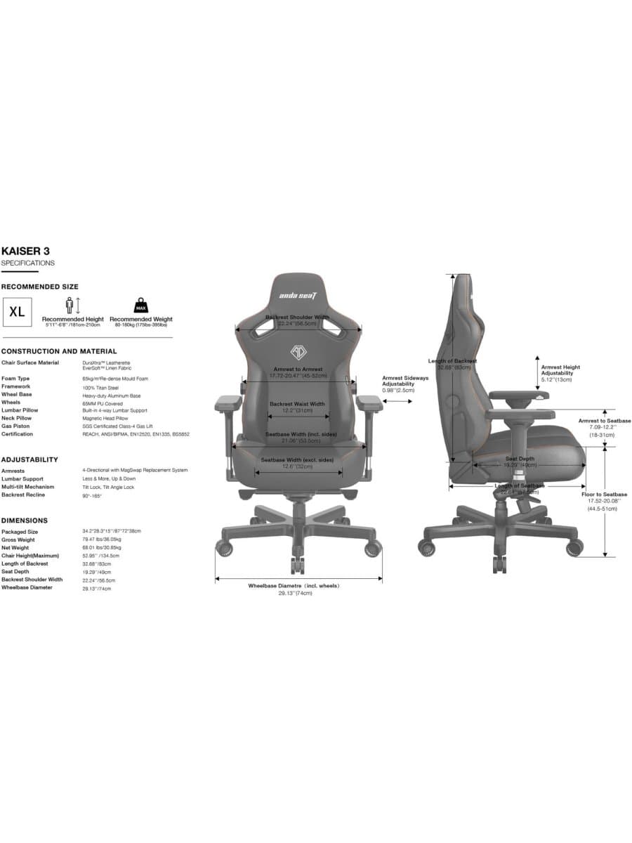 Игровое кресло AndaSeat AD12YDC-XL-01-E-PV/C Kaiser 3 XL BLUE 4D Armrest 65mm wheels PVC Leather