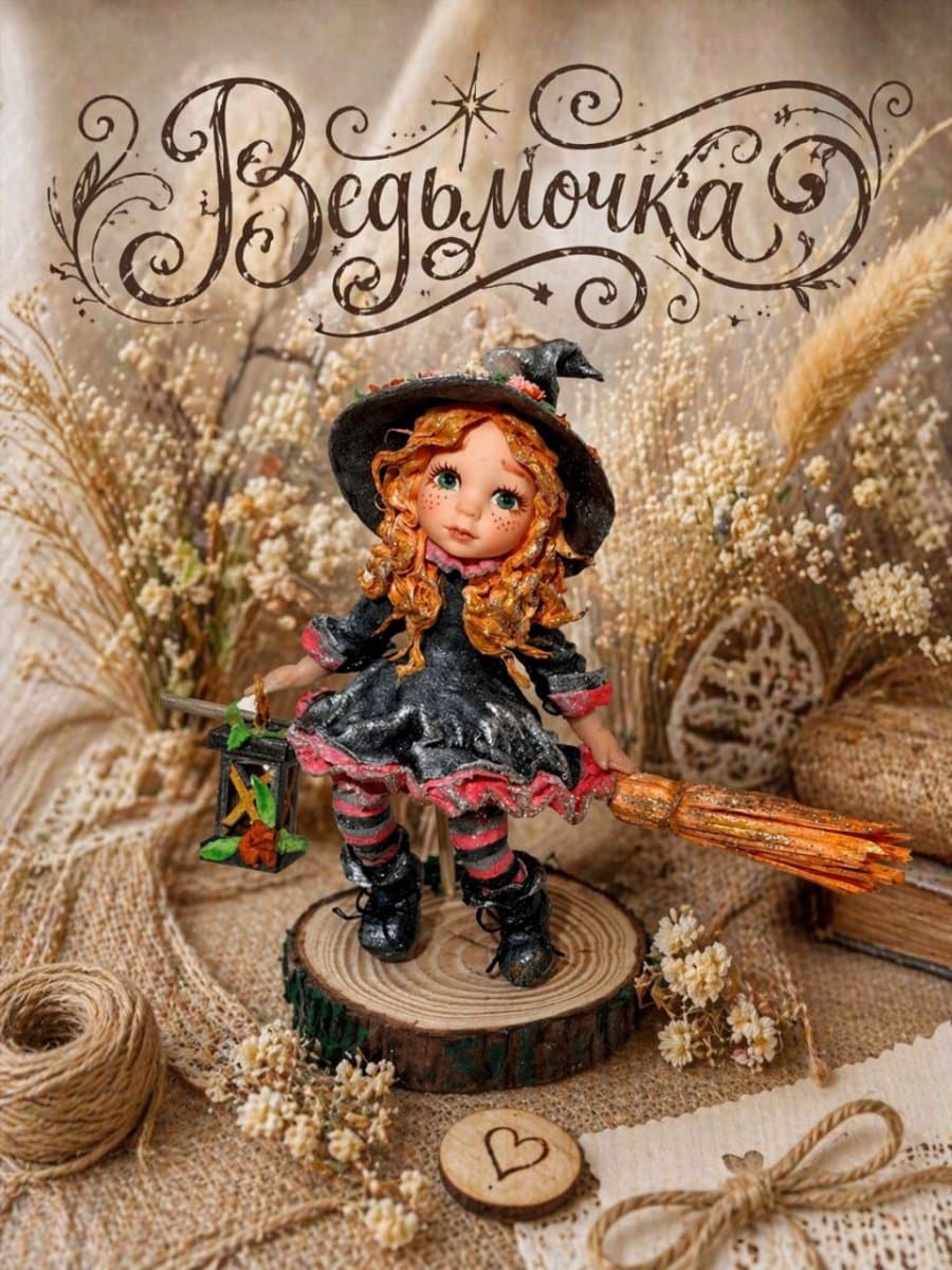 Ватная игрушка ведьмочка 10 см, подвеска, декоративная фигурка, интерьерный декор, ручная работа, с метлой 15 см