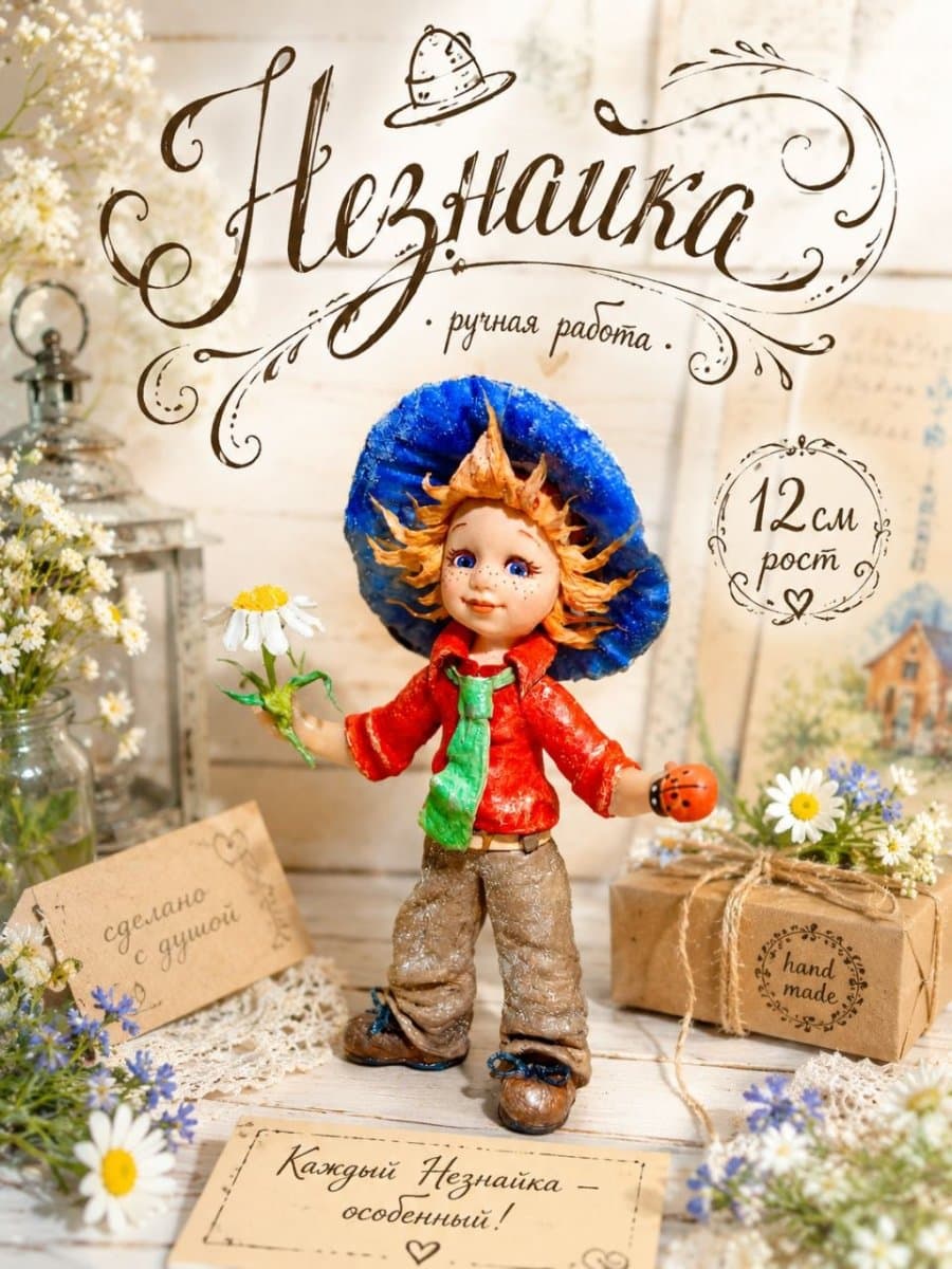 Ватная игрушка Незнайка, коллекционная кукла-подвеска, фигурка ручной работы 12см