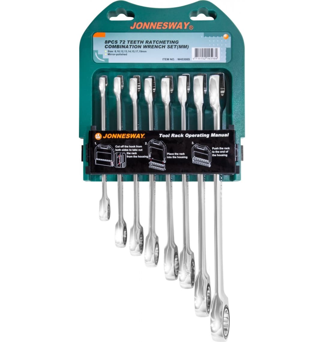 JonnesWay W45308S Набор ключей гаечных комбинированных трещоточных на держателе, 8-19 мм, 8 предметов