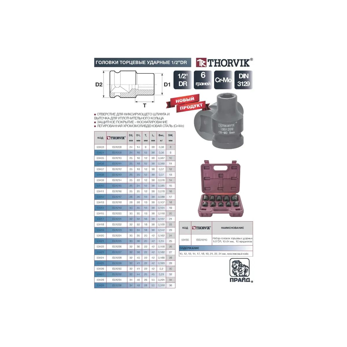 Thorvik ISS01210 Набор головок торцевых ударных 1/2"DR, 10-24 мм, 10 предметов