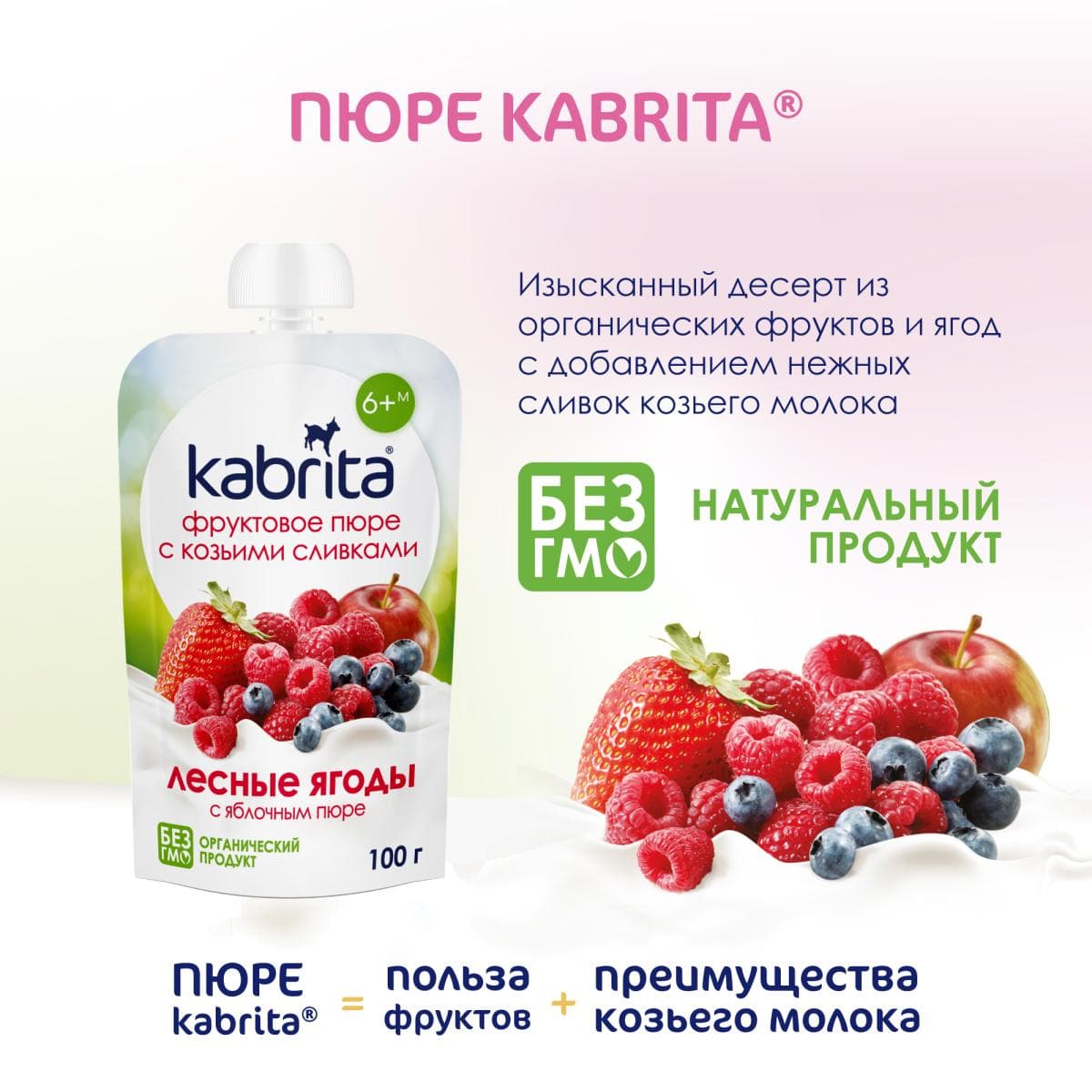 Kabrita® Фруктовое пюре со сливками козьего молока «Лесные ягоды с яблочным пюре» с 6 месяцев, 100 г