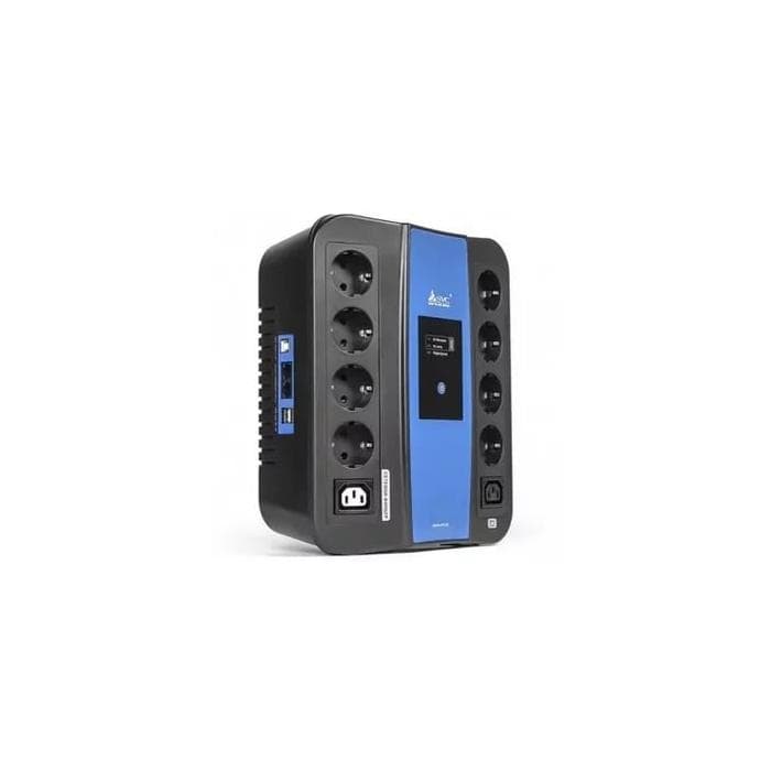 Источник бесперебойного питания SVC U-1000, Smart, USB, мощность 1000ВА/600Вт, диапазон работы AVR: 165-275В, Бат.: 12В/9 Ач., 8 вых.: Shuko CEE7(4 с работой от батареи,4 сетевой фильтр), 2 вых.: IEC C13, защита тел. линии, USB 5В/2А*2 шт., Чёрно-синий