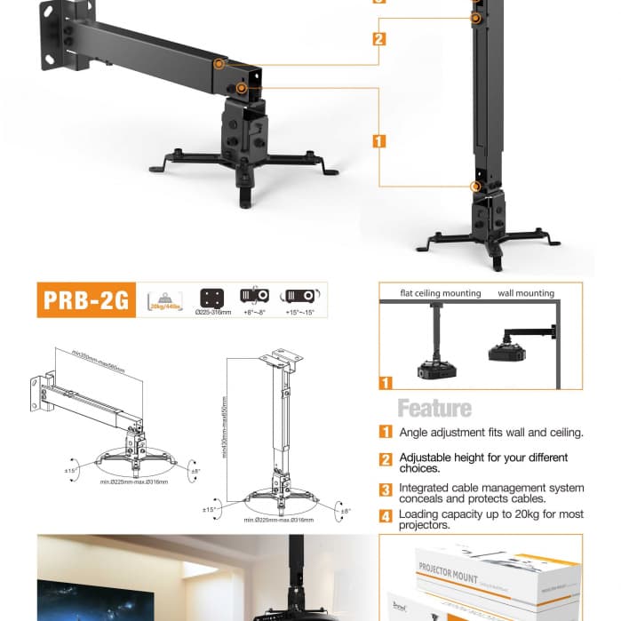 Кронштейн потолочный Brateck PRB-2G, Макс. нагрузка - 20 кг, Для проекторов, Вращение до +/-8°, Угол наклона 15°вверх и 15°вниз, Чёрный