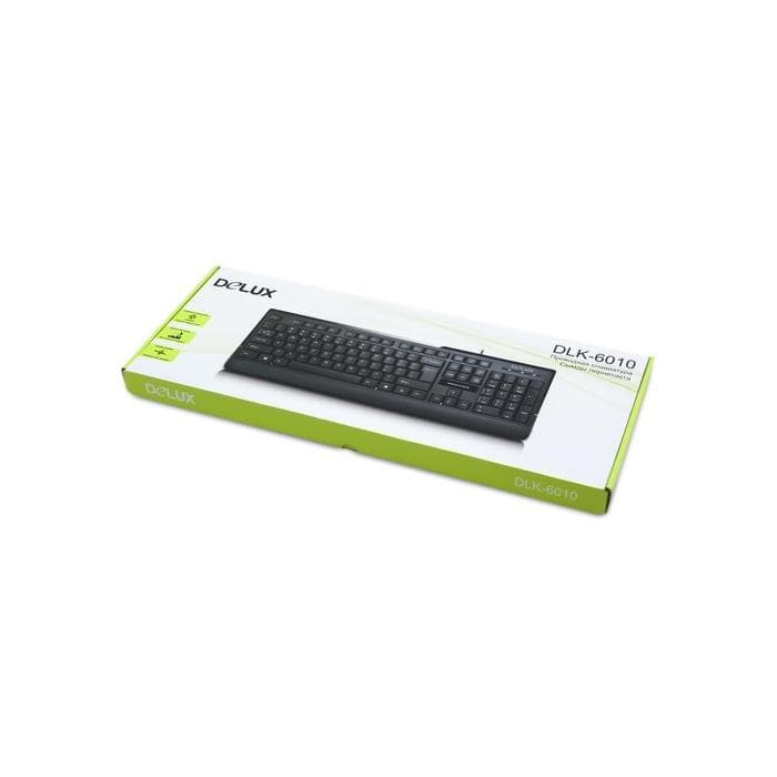 Клавиатура Delux DLK-6010UB, USB, Кол-во стандартных клавиш 104, Размер: 449,9*161,84*24,9 мм., Длина кабеля 1,4 метра, Анг/Рус/Каз, защита от случайного пролива воды/кофе, Чёрный