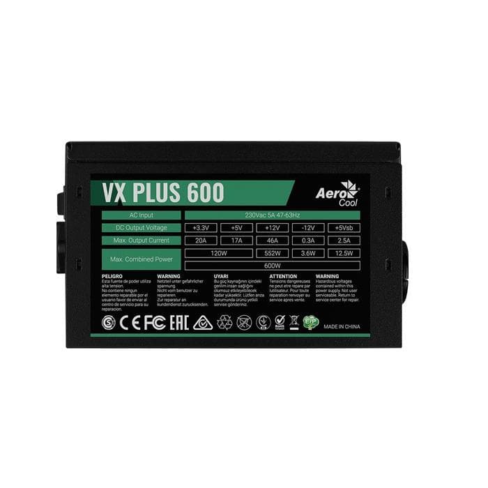 Блок питания Aerocool VX PLUS 600, 600W, ATX, None-PFC, 20+4pin, 4+4pin, 4*Sata, 3*Molex, 1*FDD, 2*PCI-E 6+2pin, Вентилятор 12см, кабель питания, Чёрный