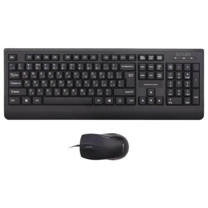 Комплект Клавиатура + Мышь Delux DLD-6220OUB, Оптическая Мышь, USB, 1000-3200DPI, Длина кабеля 1,6 метра, Кол-во стандартных клавиш 104, Анг/Рус/Каз, Чёрный