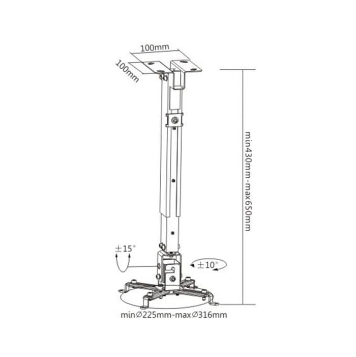 Кронштейн потолочный Brateck PRB-2, Макс. нагрузка - 20 кг, Для проекторов, Вращение до +/-10°, Угол наклона +/-15°, Черный