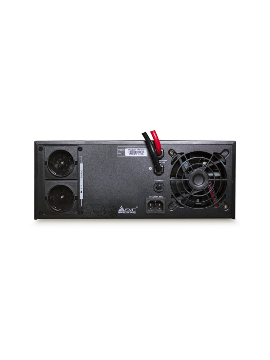 Инвертор SVC DI-1000-F-LCD, мощность 1000ВА/800Вт, Вход 12В и/или 220В, выход 220В (Чистая синусоида на выходе), диапазон работы AVR: 145-270В, Функция заряда батарей 20A, Чёрный