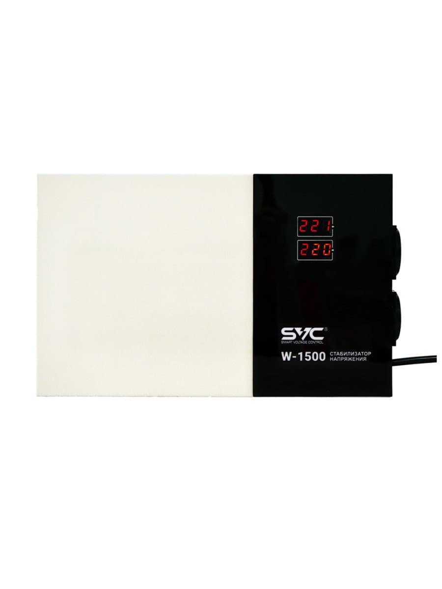 Стабилизатор (AVR) SVC W-1500, мощность 1500ВА/1500Вт, LED-дисплей, диапазон работы AVR: 140-260В, Вых.: 220В+/-7%, 2 х Shcuko, кабель питания: 1,35м, Габариты: 320*200*65, Черно-белый