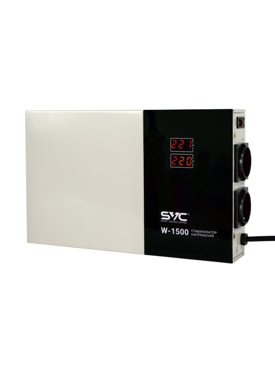 Стабилизатор (AVR) SVC W-1500, мощность 1500ВА/1500Вт, LED-дисплей, диапазон работы AVR: 140-260В, Вых.: 220В+/-7%, 2 х Shcuko, кабель питания: 1,35м, Габариты: 320*200*65, Черно-белый