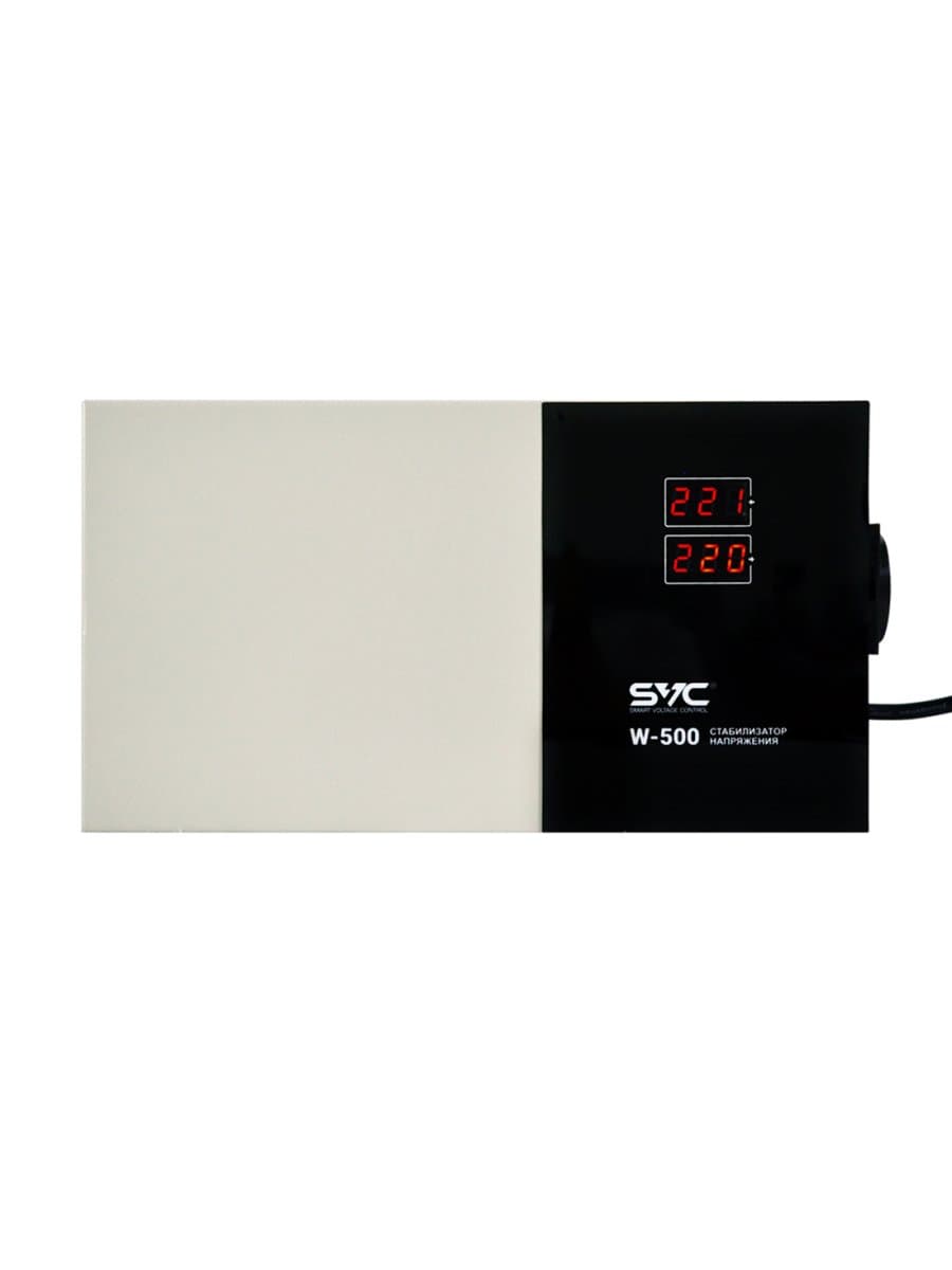 Стабилизатор (AVR) SVC W-500, мощность 500ВА/500Вт, LED-дисплей, диапазон работы AVR: 140-260В, Вых.: 220В+/-7%, 1 х Shcuko, кабель питания: 1,35м, Габариты: 290*160*65, Черно-белый