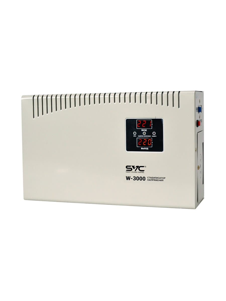 Стабилизатор (AVR) SVC W-3000, мощность 3000ВА/3000Вт, LED-дисплей, диапазон работы AVR: 140-260В, Вых.: 220В+/-7%, клеммная колодка, Габариты: 380*234*105, белый