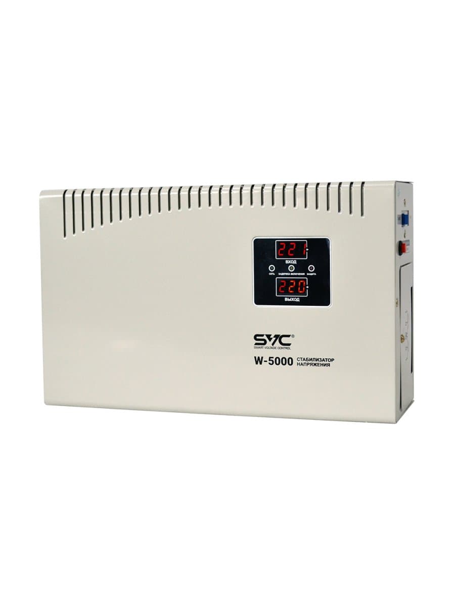 Стабилизатор (AVR) SVC W-5000, мощность 5000ВА/5000Вт, LED-дисплей, диапазон работы AVR: 140-260В, Вых.: 220В+/-7%, клеммная колодка, Габариты: 380*234*105, белый