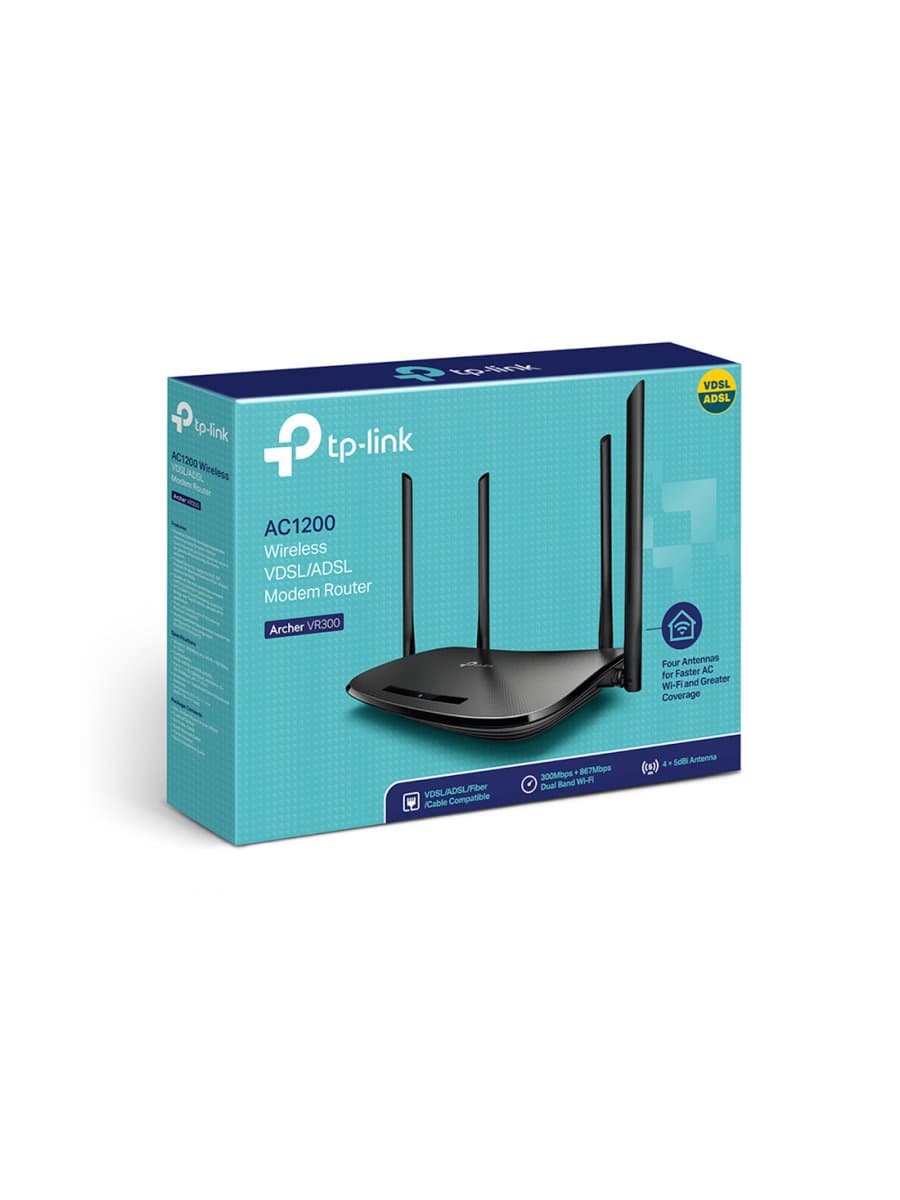 Модем TP-Link Archer VR300, до 300 Мбит на 2.4 ГГц, до 867 Мбит/с на 5 ГГц, 3 порта 10/100 Мбит/с RJ45,,1 порт LAN/WAN 10/100 Мбит/с (RJ45),1 порт RJ11