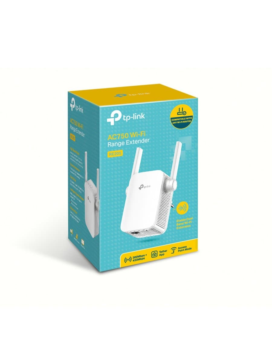 Усилитель Wi-Fi сигнала TP-Link RE205, 5 ГГц: до 433 Мбит/с, 2,4 ГГц: до 300 Мбит/с, 1 порт Ethernet 10/100 Мбит/с (RJ45)