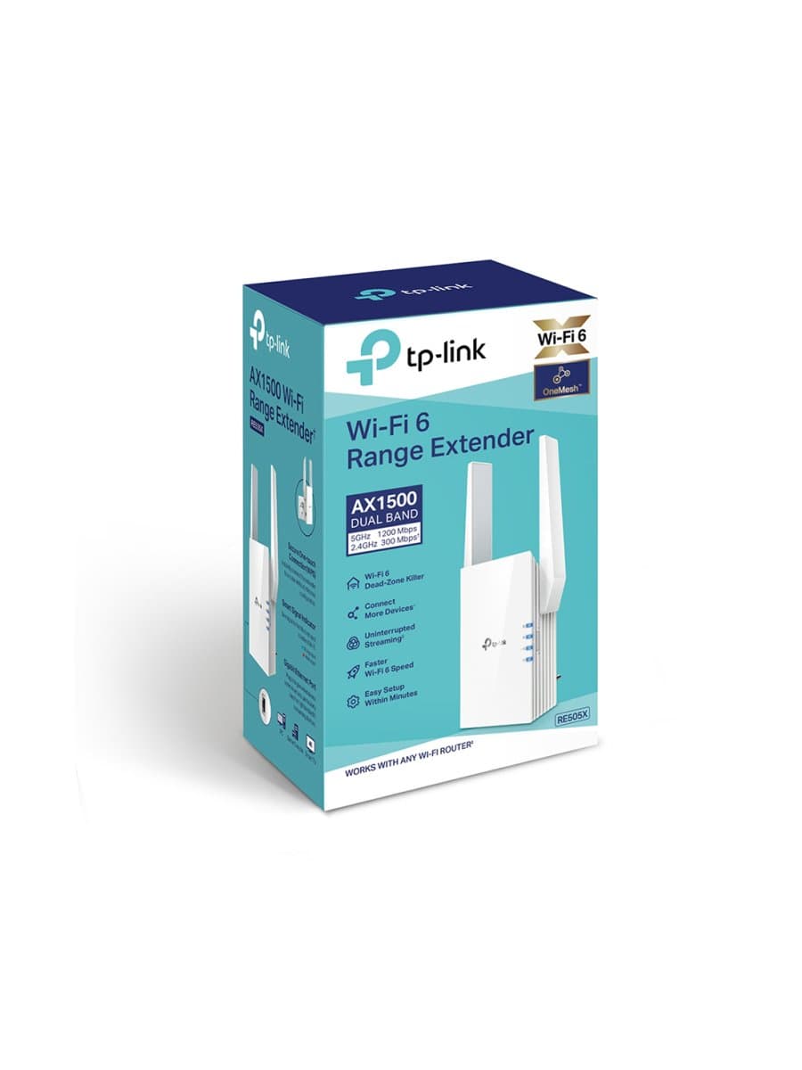 Усилитель Wi-Fi сигнала TP-Link RE505X, 802.11a/b/g/n/ac/ax, AX1500, 2 внешние антенны, 1 порт 10/100/1000T