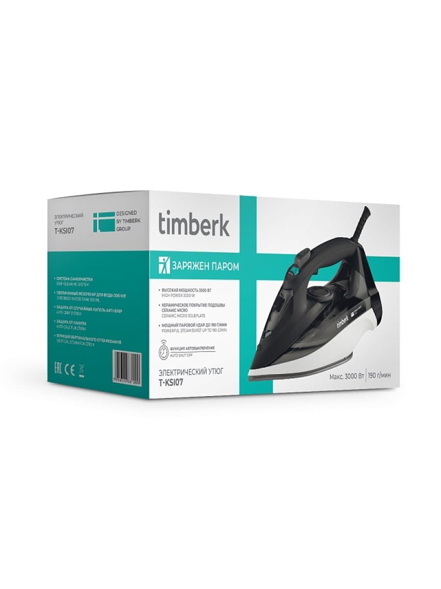 Утюг Timberk T-KSI07, мощность 3000 Вт, Керамическое покрытие подошвы, Ручная настройка температуры, Объем резервуара для воды 300 мл, Индикация нагрева, Автоотключение, Цвет черный