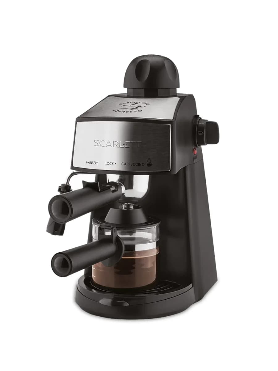 Кофеварка рожковая Scarlett SC-CM33004, Давление 3.5 бар, Объем 240 мл, Съемный многоразовый фильтр, мощность 800 Вт, Длина шнура 0.8м, Черный