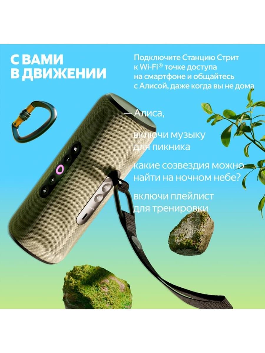 Портативная умная колонка Яндекс YNDX-00030GRN, Яндекс Станция Стрит с Алисой, 30 Вт, 3 микрофона, 80 - 20 000 Гц, Wi-Fi (2,4–5 ГГц), Bluetooth 5.0, Зеленый