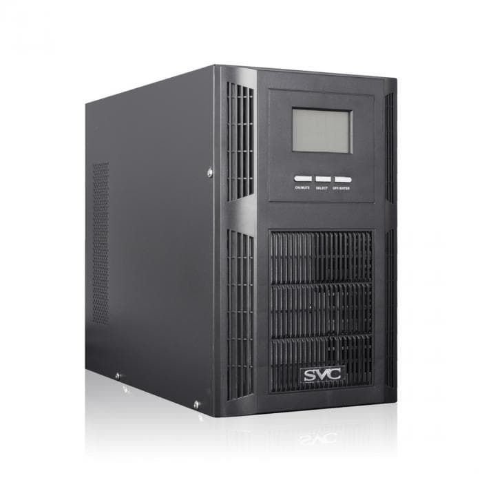 Источник бесперебойного питания SVC PT-2K-LCD, мощность 2000ВА/1600Вт, PT-серия, On-Line, LCD\USB\RS-232, SMART, диапазон работы AVR: 115-300В, Бат.: 12В/7.5Aч*6шт., Вентилятор: 8см*2шт., 4 вых., Чёрный