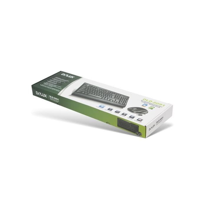 Комплект Клавиатура + Мышь Delux DLD-6091OGB, Беспроводной 2,4ГГц, Нано-ресивер, Оптическая мышь, 1000DPI, Кол-во стандартных клавиш 104, Чёрный
