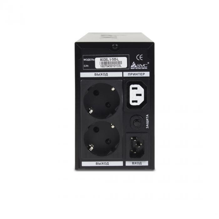 Источник бесперебойного питания SVC V-500-L, мощность 500ВА/300Вт, диапазон работы AVR: 165-275В, AVR в режиме Booster: 138-292В, Бат.: 12В/4.5 Ач*1шт., 3 вых.: 2 Shuko CEE7+1 IEC C13 (Bypass), Чёрный