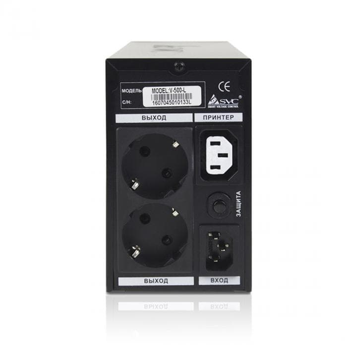 Источник бесперебойного питания SVC V-650-L, мощность 650ВА/390Вт, диапазон работы AVR: 165-275В, AVR в режиме Booster: 138-292В, Бат.: 12В/7.5 Ач*1шт., 3 вых.: 2 Shuko CEE7+1 IEC C13 (Bypass), Чёрный