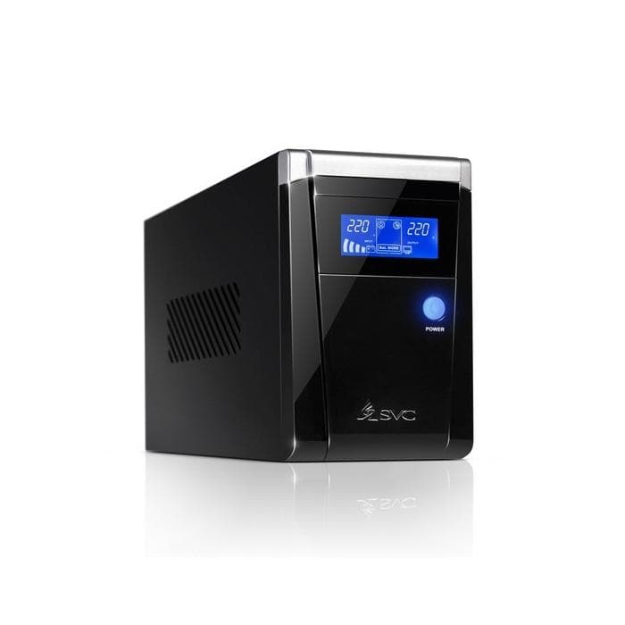 Источник бесперебойного питания SVC V-1200-F-LCD, Smart, USB, мощность 1200ВА/720Вт, диапазон работы AVR: 165-275В, Бат.: 12В/7.5 Ач*2шт., 3 вых.: Shuko CEE7., защита тел. линии, Чёрный