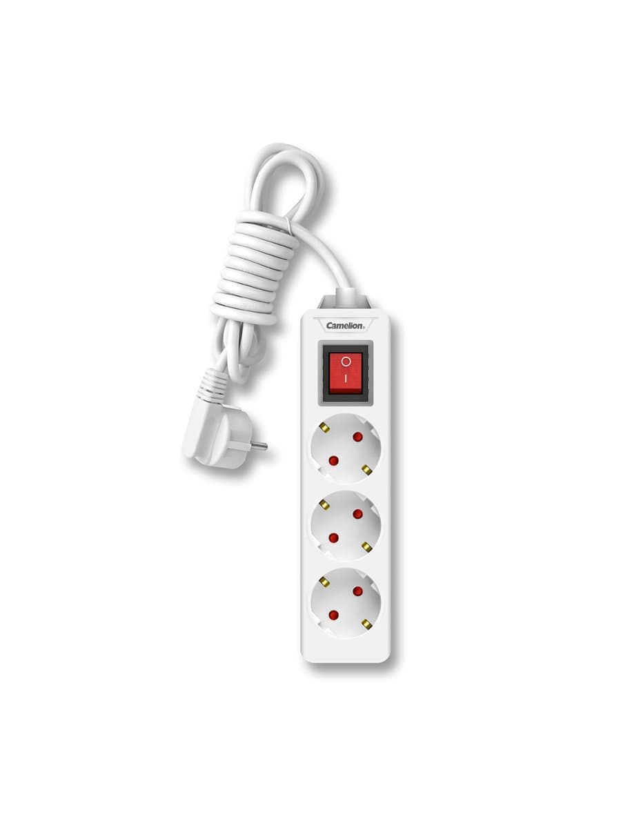 Удлинитель Camelion CMS-113-2M, 10A/250V, 3 розетки, 2 метра, 220-250В, 10А, картонная коробка, белый