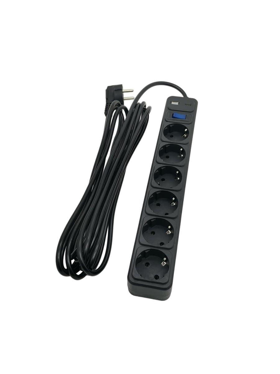 Сетевой фильтр SVC ZC6S-50M-USB/TypeC, 6 розеток, 5 метров, один USB-порт и один Type-C-порт, 220–250 В, 10 A, картонная коробка, чёрный