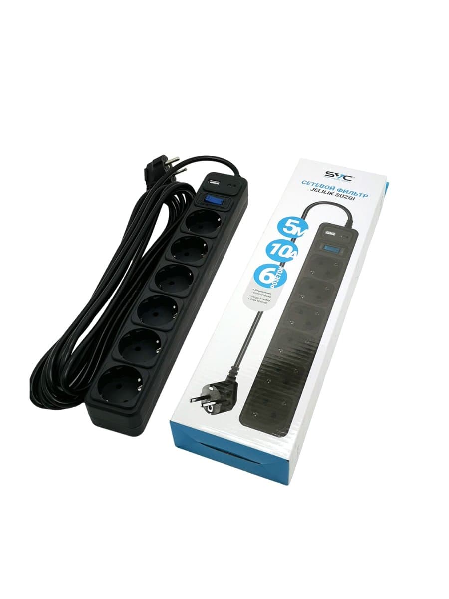 Сетевой фильтр SVC ZC6S-50M-USB/TypeC, 6 розеток, 5 метров, один USB-порт и один Type-C-порт, 220–250 В, 10 A, картонная коробка, чёрный