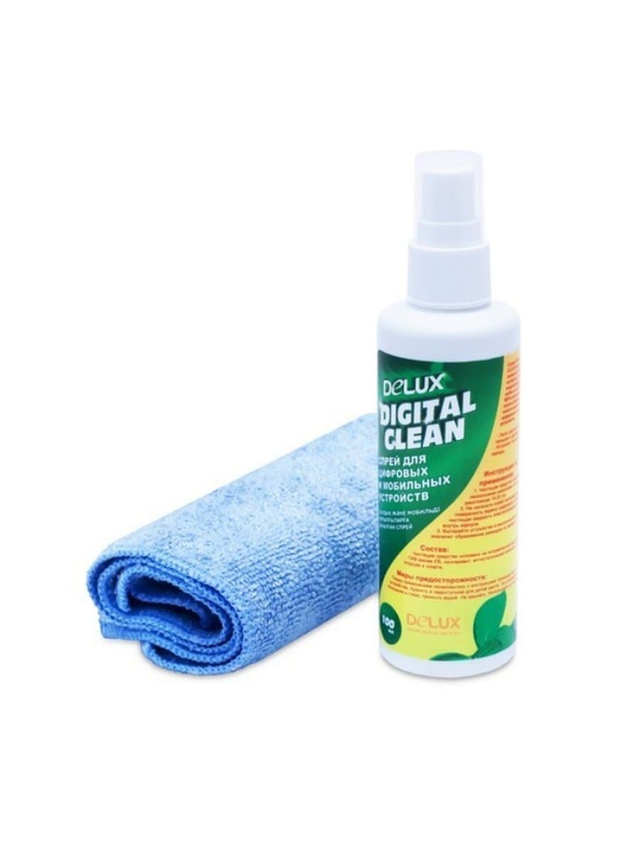 Чистящий набор Delux Digital Clean, Для ухода за цифровыми и мобильными устройствами, Спрей 100 мл с салфеткой из микрофибры 25*25 см, Удаление пыли и загрязнений, Дезинфицирует поверхность
