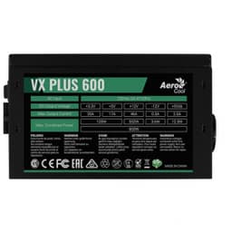 Блок питания Aerocool VX PLUS 600, 600W, ATX, None-PFC, 20+4pin, 4+4pin, 4*Sata, 3*Molex, 1*FDD, 2*PCI-E 6+2pin, Вентилятор 12см, кабель питания, Чёрный