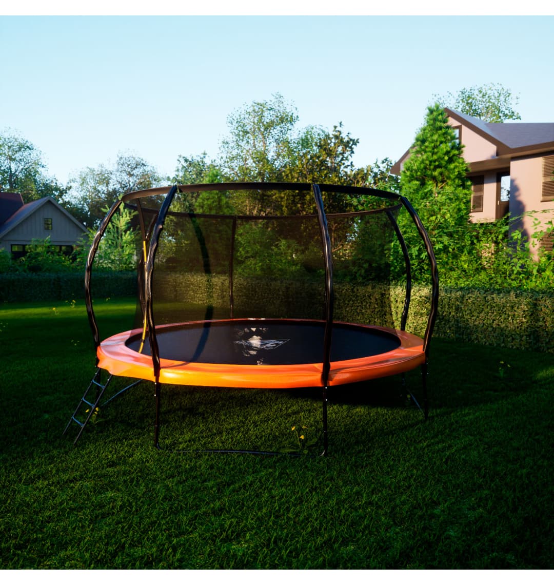 Батут DFC KENGOO II 14ft внутр.сетка, лестница, оранж/черн (427см)(два короба)