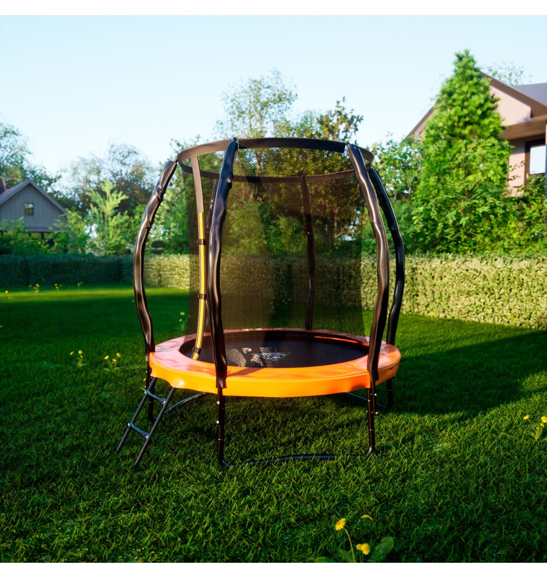 Батут DFC KENGOO II 6ft внутр.сетка, лестница, оранж/черн (183см)