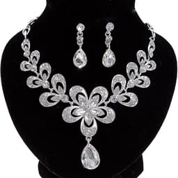 Набор 2 предмета: серьги, колье, цветок, белый в серебре, 45 см