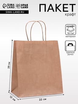Пакет крафт без печати, круглая ручка 22×12×28 см