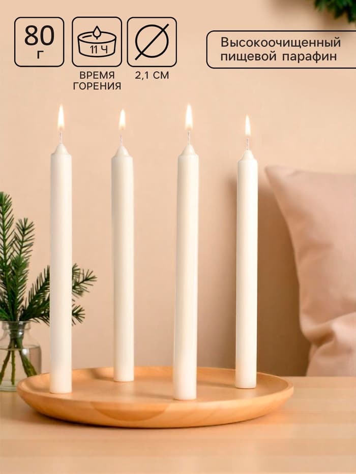 Набор хозяйственных свечей парафиновых, 2.1×24.5 см, 11 ч, 80 г, 4 шт.
