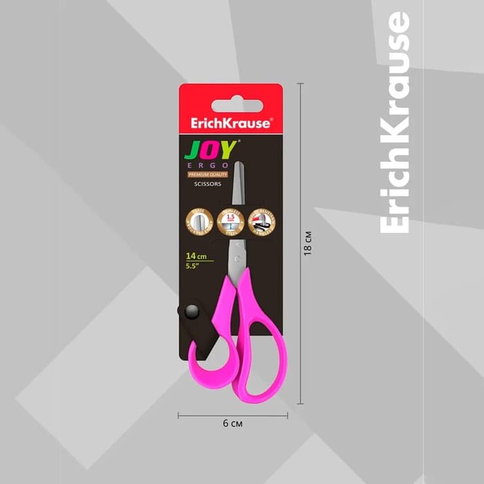 Ножницы детские 14 см, ErichKrause Joy Ergo, с закруглёнными концами лезвий и линейкой, МИКС