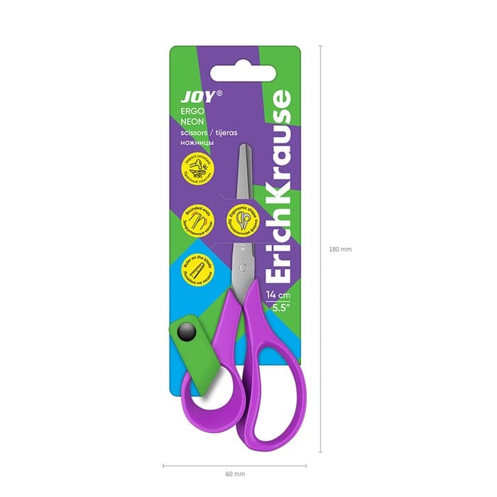 Ножницы детские 14 см, ErichKrause Joy Ergo, с закруглёнными концами лезвий и линейкой, МИКС
