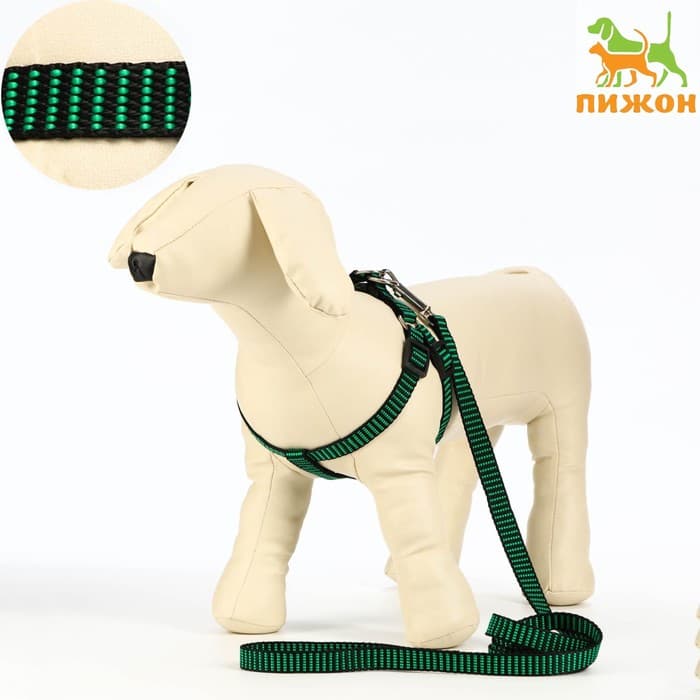 Шлейка с поводком, шлейка 36-49 см, ширина 1.5 см, поводок 120 см, рельефная, зелёная, чёрная