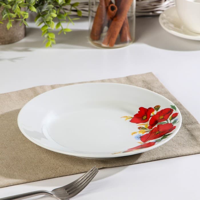 Тарелка Добрушский завод «Маки красные», d=20 см, фарфор, белая